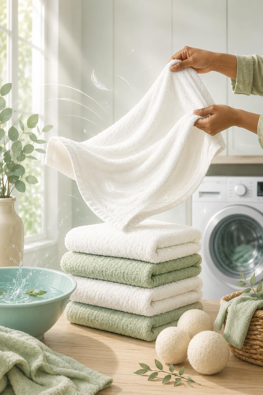 hands snap a soft white towel above stacked white and sage-green towels in a bright laundry room.