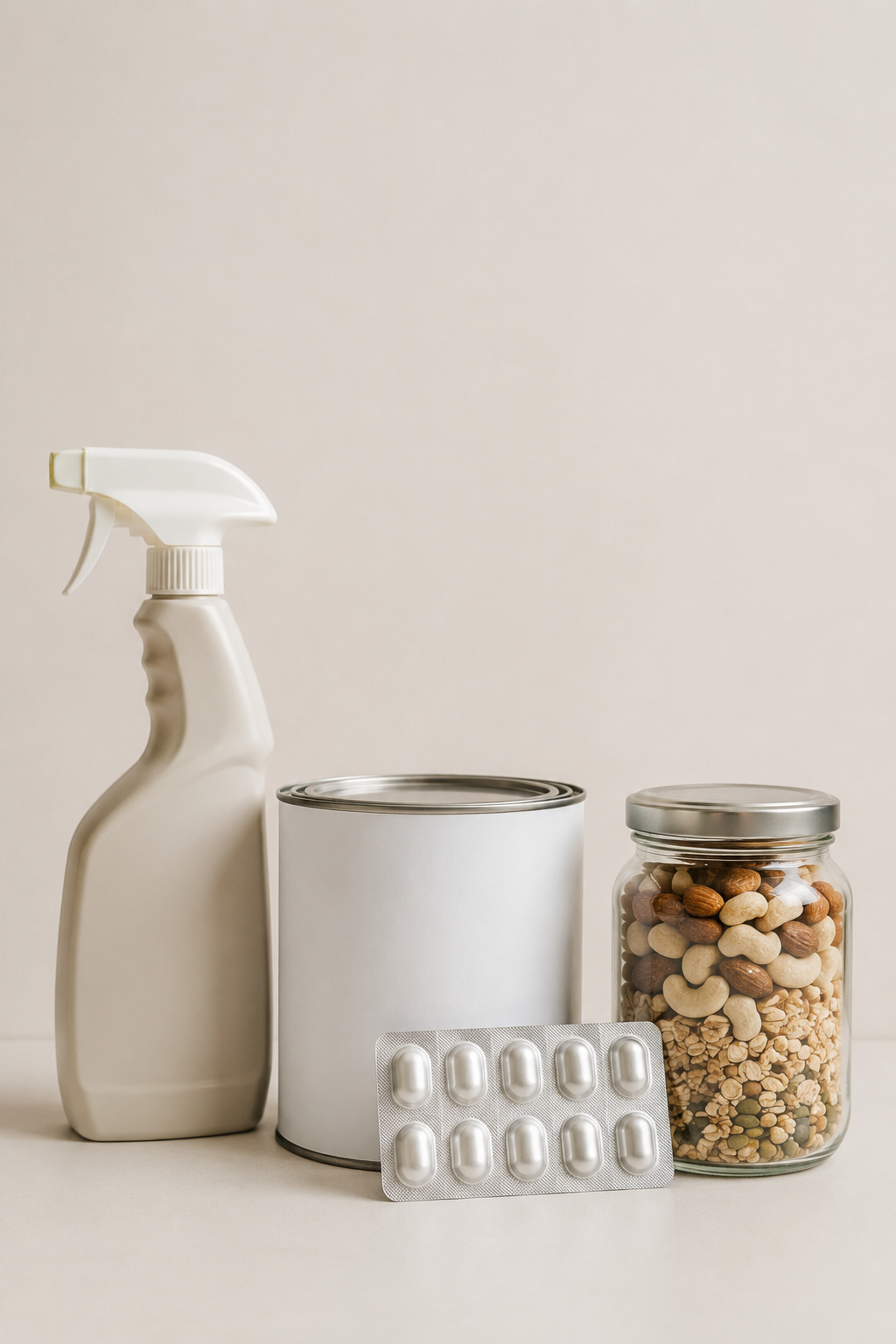 Everyday household items that can affect liver health: cleaning spray, paint can, medication, and stored nuts and grains.