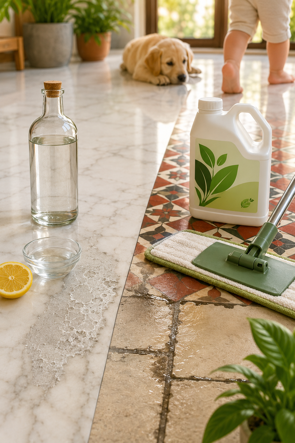Natural vinegar-based floor cleaner on marble and tile flooring with a baby and dog in the background, illustrating household floor cleaning.