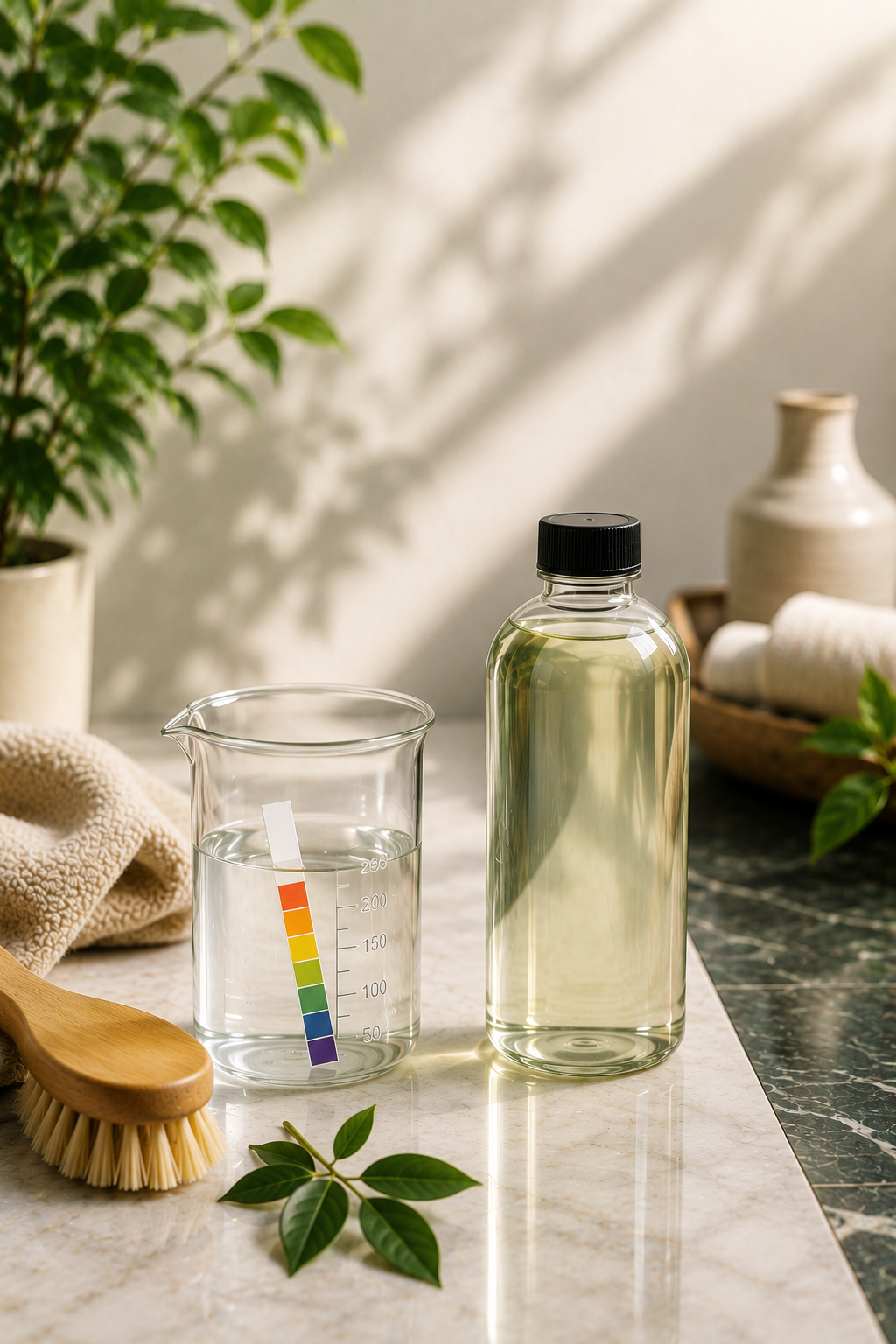 pH test strip in a beaker beside a floor cleaner on a marble surface.