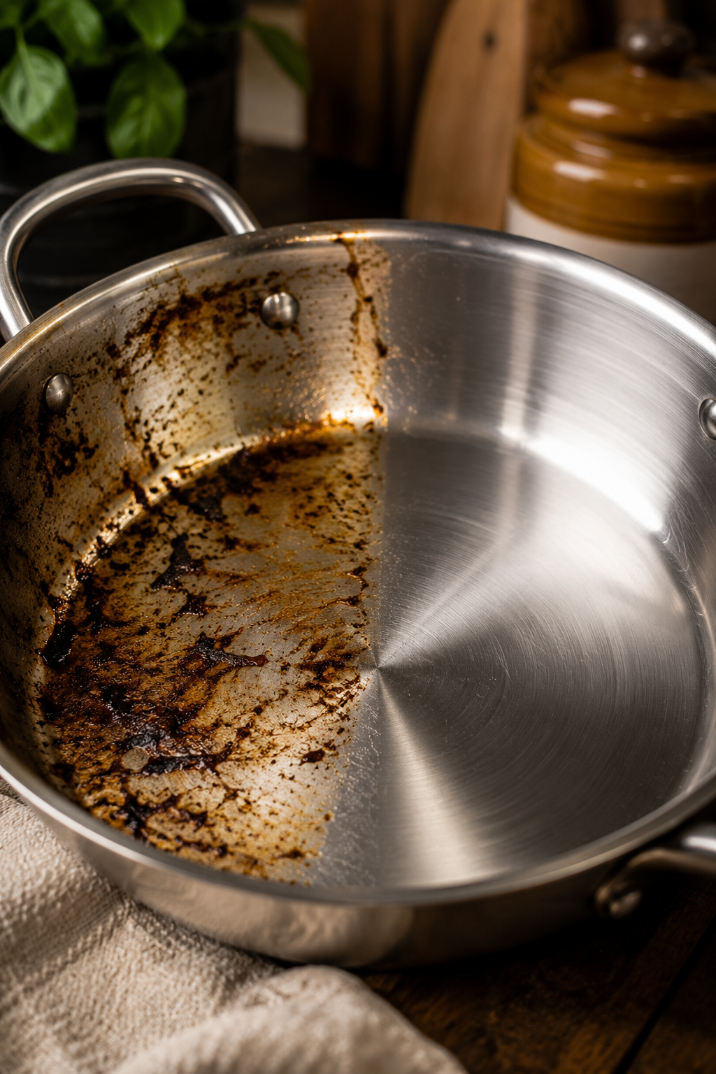 Close-up portrait photograph of a stainless steel pan with one side covered in burnt food residue and the other side polished clean and reflective, lit with warm natural kitchen lighting against a softly blurred background