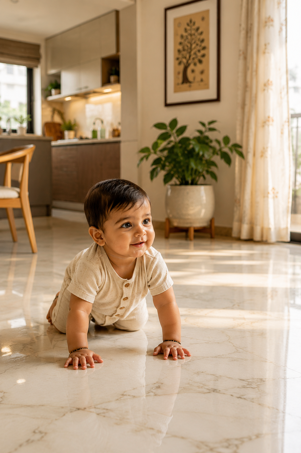 Indian baby crawling on a clean marble floor in a bright modern home, representing safe non-toxic cleaning for families and children.