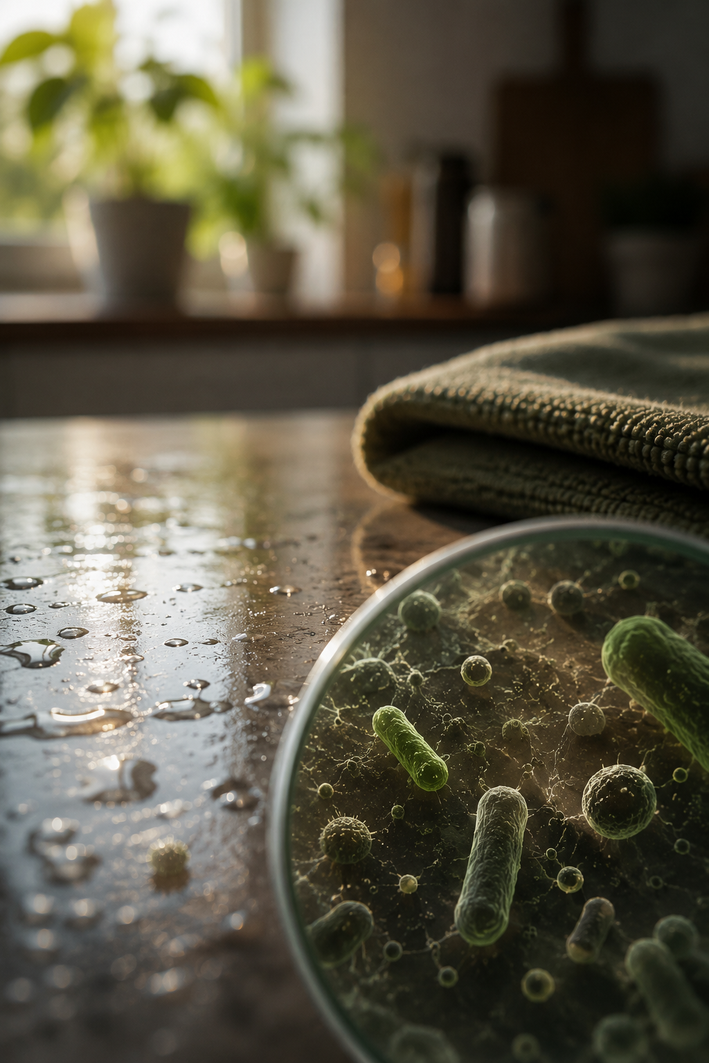 Modern kitchen counter with water droplets and magnified abstract bacteria under soft natural light.