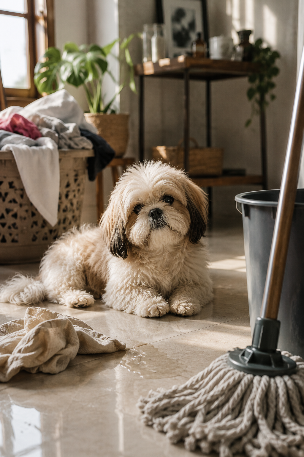 A small dog sits beside a mop bucket and laundry in a sunlit home, capturing the everyday chaos that inspired a founder's reflection on cleaning and home care. That's descriptive, relevant to the article, and doesn't feel stuffed with keywords.