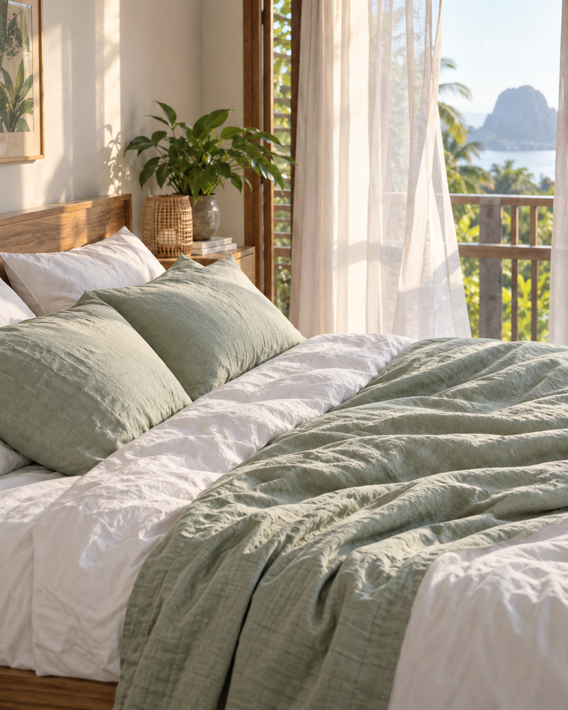Neatly made bed with white and sage-green linen bedding in a sunlit tropical bedroom.