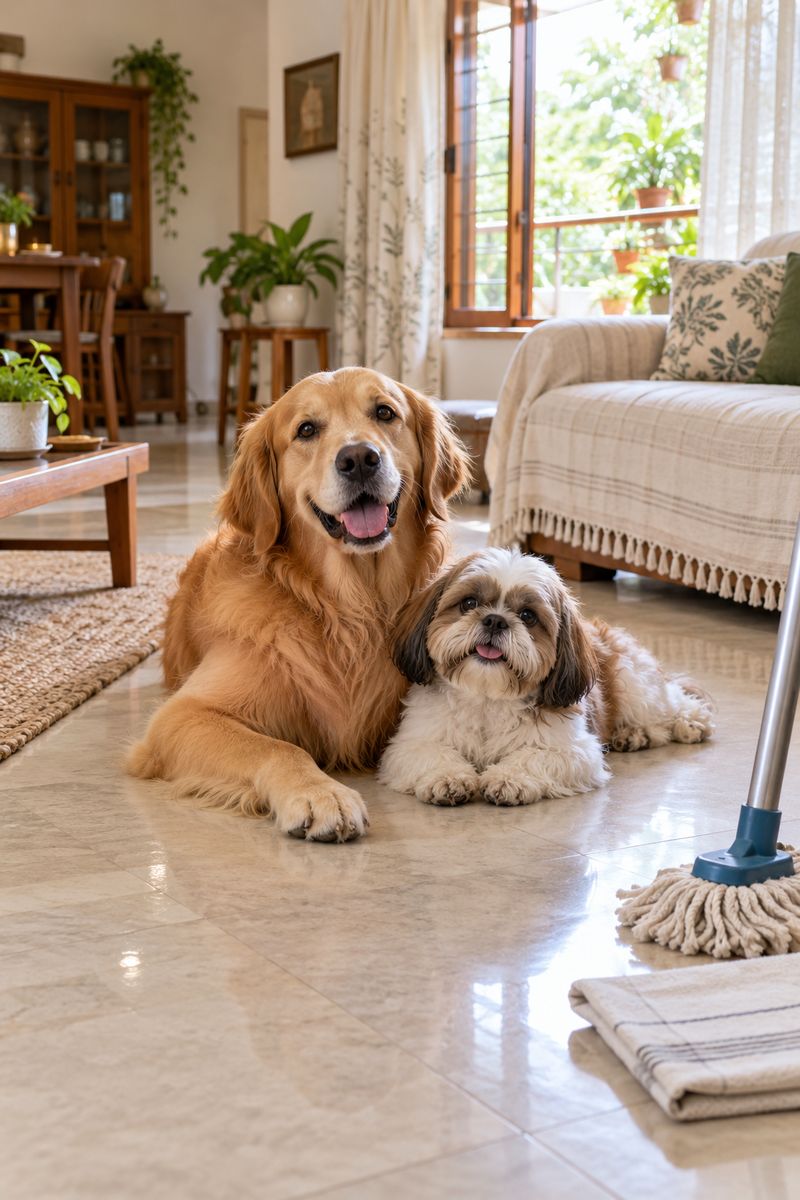 : Golden retriever and Shih Tzu resting on a clean tile floor beside a mop in a sunlit living room.