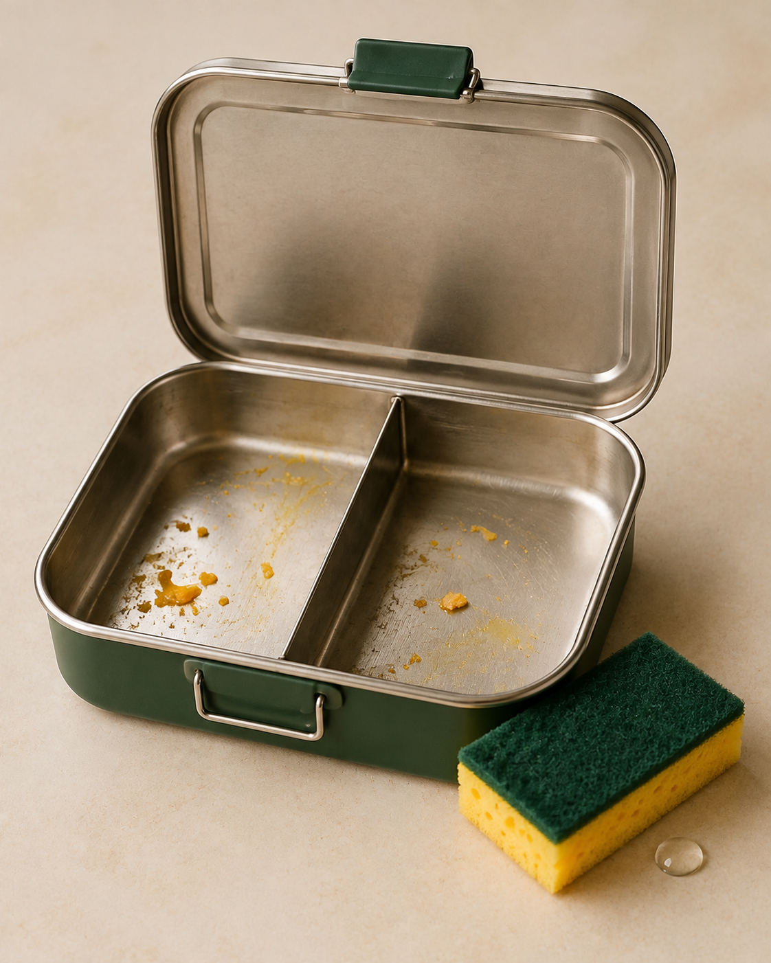 Open stainless steel lunch box with leftover turmeric-colored food stains beside a green and yellow cleaning sponge on a cream kitchen counter.