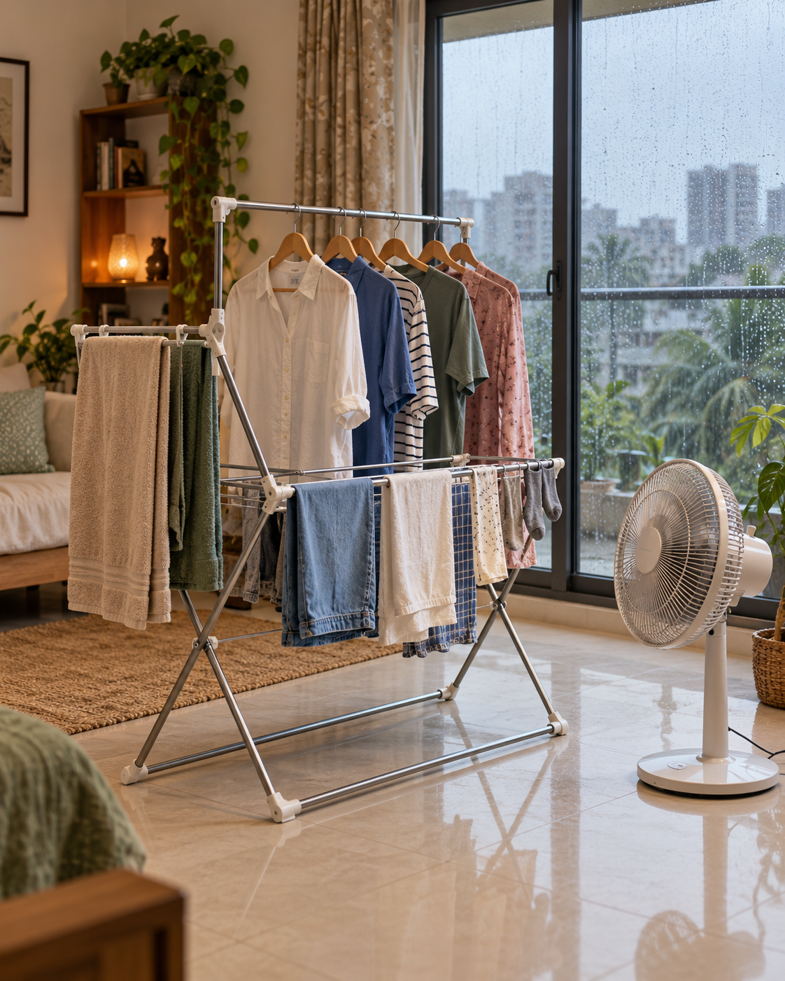 Clothes spaced on an indoor drying rack beside a fan as rain falls outside the window.
