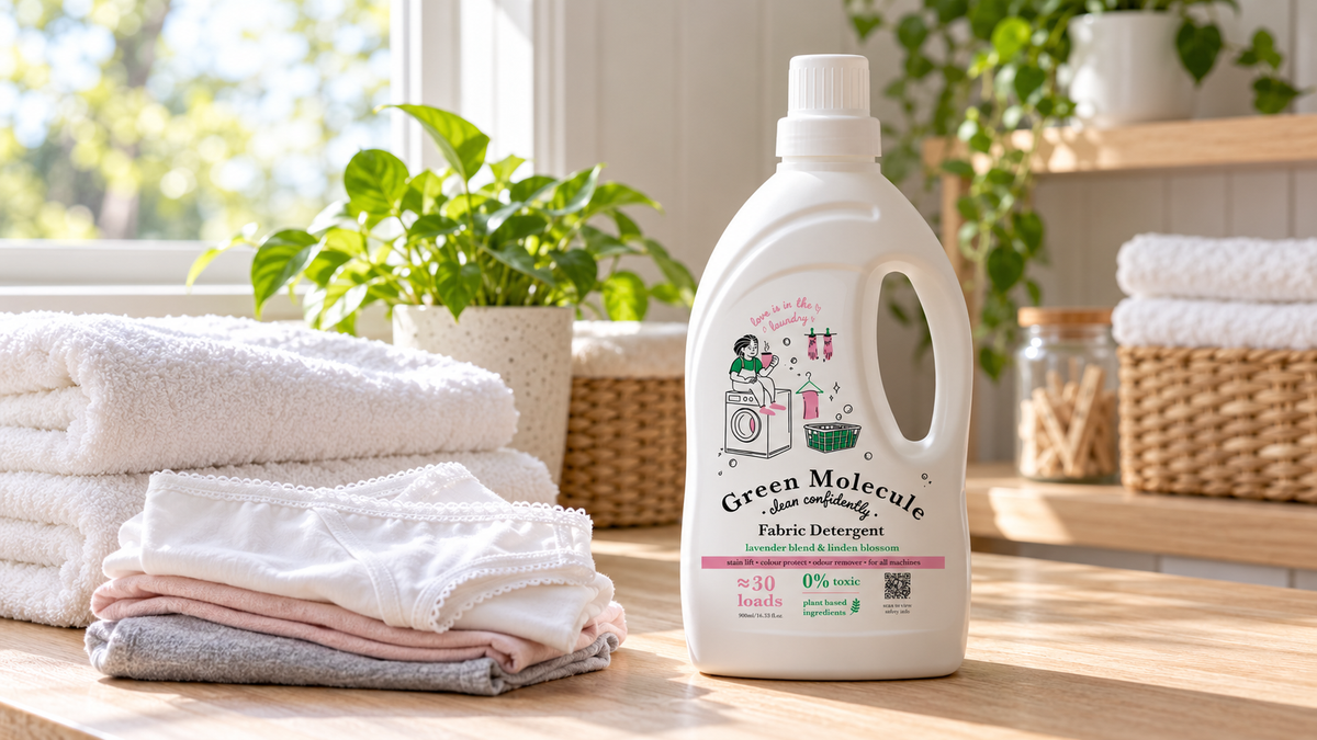 Green Molecule Fabric Detergent bottle beside neatly folded white laundry in a sunlit room.